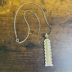 Lapis Egyptian Cartouche Style Pendant Necklace Silver and Gold Tone 18 Inch